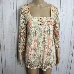 Nicola Top Floral Lace Overlay 3/4” Sleeves Size Large